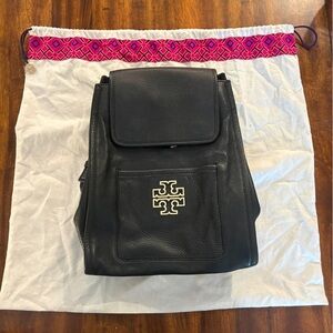 Tory Burch Black Leather Backpack with Gold Logo Accent